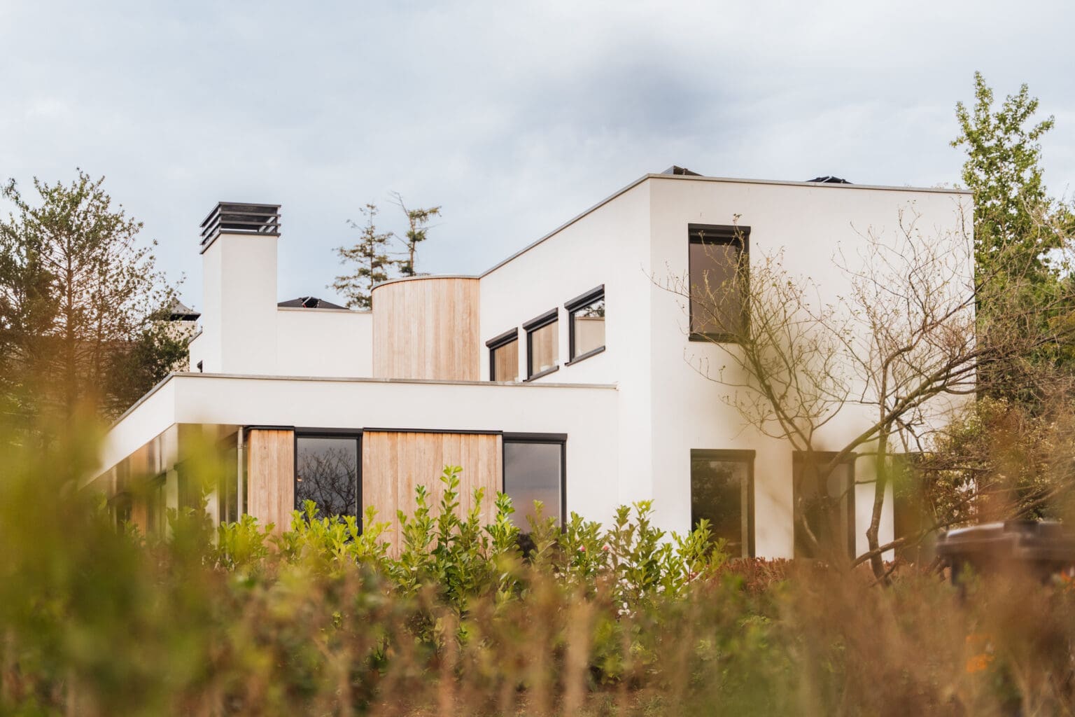 De villa achter de beplanting van de tuin